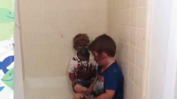 Dad can’t stop laughing while trying to punish sons covered in paint (UNEDITED)